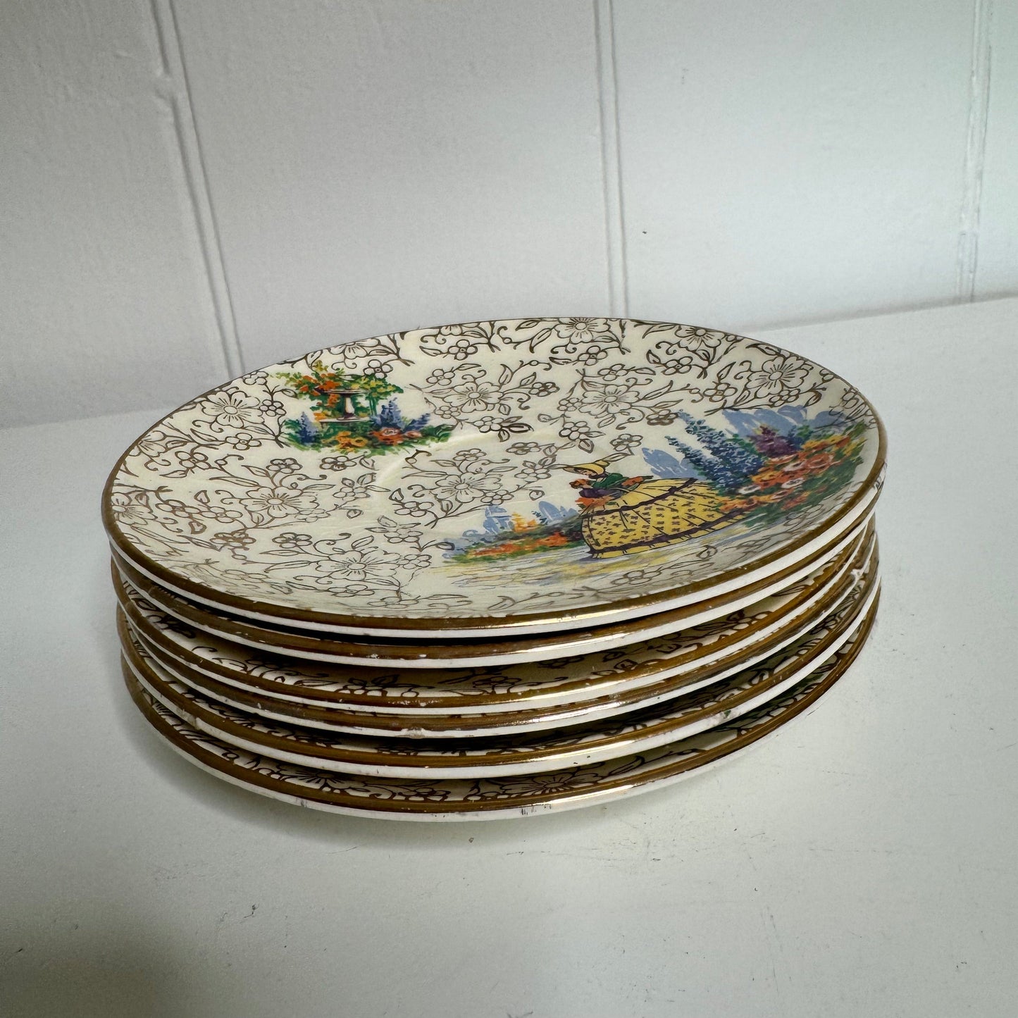 Bowerbird Cottage Adderley saucer ‘Crinoline Lady’ Gold Chintz saucer