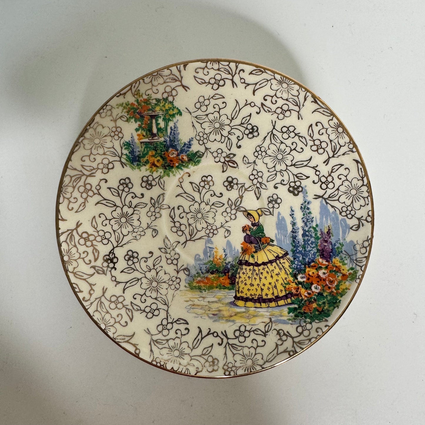 Bowerbird Cottage Adderley saucer ‘Crinoline Lady’ Gold Chintz saucer