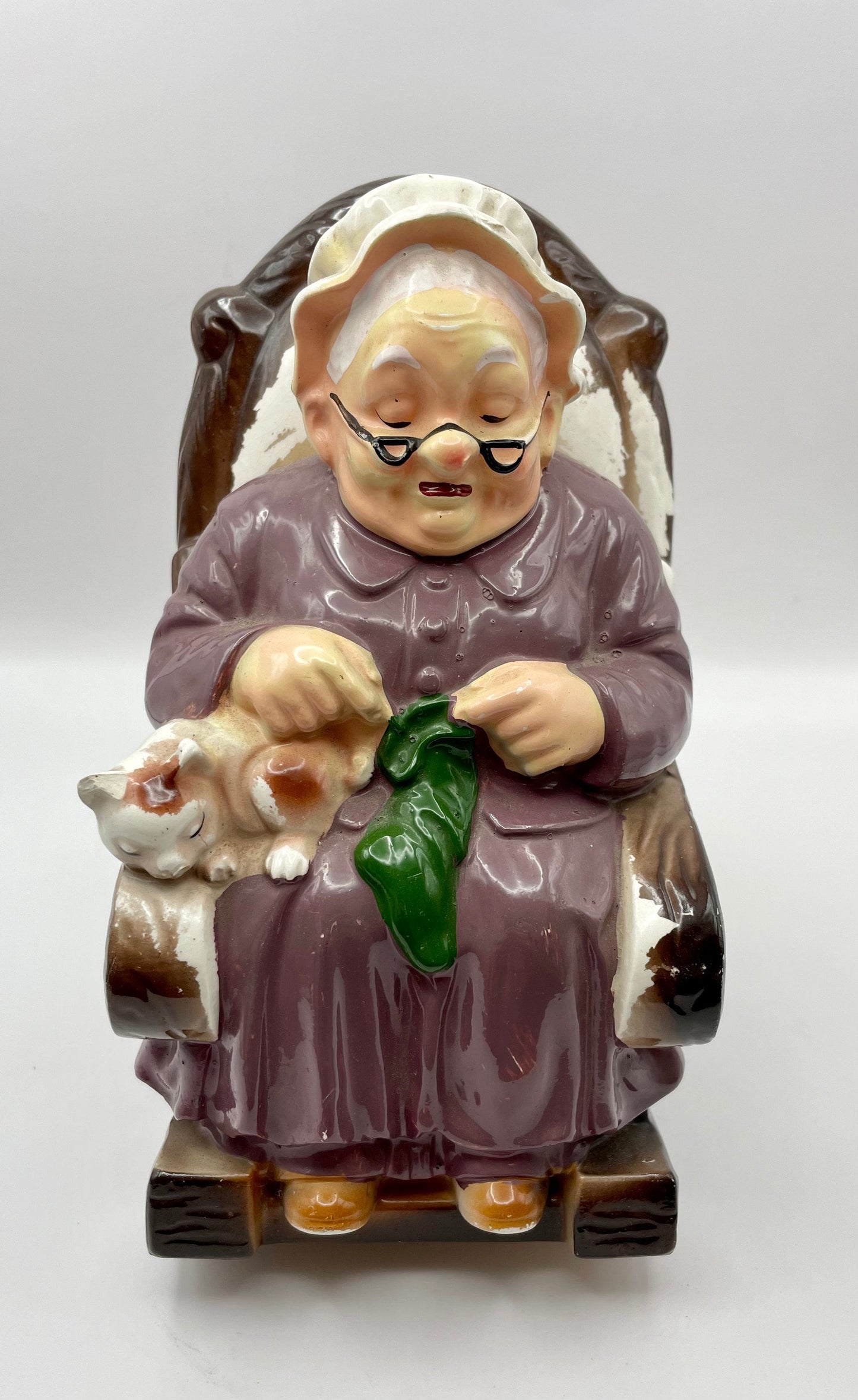 Bowerbird Cottage Porcelain Grandma in Rocking Chair with Cat 'Retirement Fund' Money Box