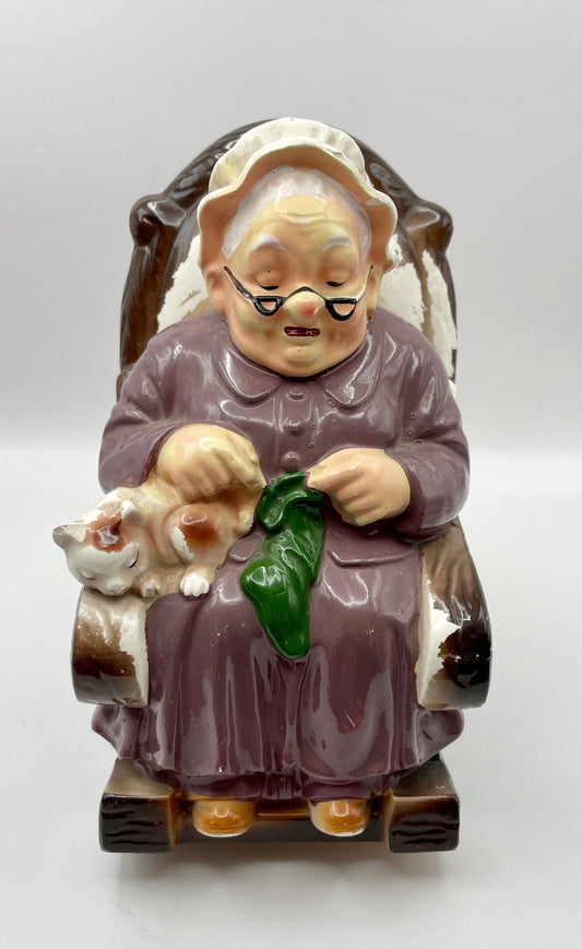 Bowerbird Cottage Porcelain Grandma in Rocking Chair with Cat 'Retirement Fund' Money Box