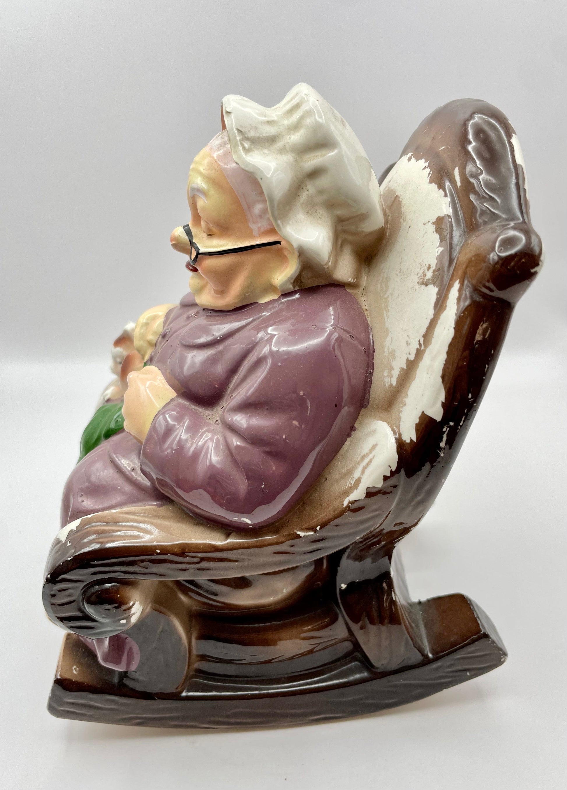 Bowerbird Cottage  Japanese Porcelain Grandma in Rocking Chair with Cat 'Retirement Fund' Money Box