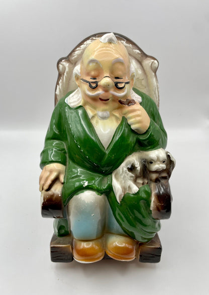 Bowerbird Cottage  Japanese Porcelain Grandpa in Rocking Chair with Dog 'Retirement Fund' Money Box