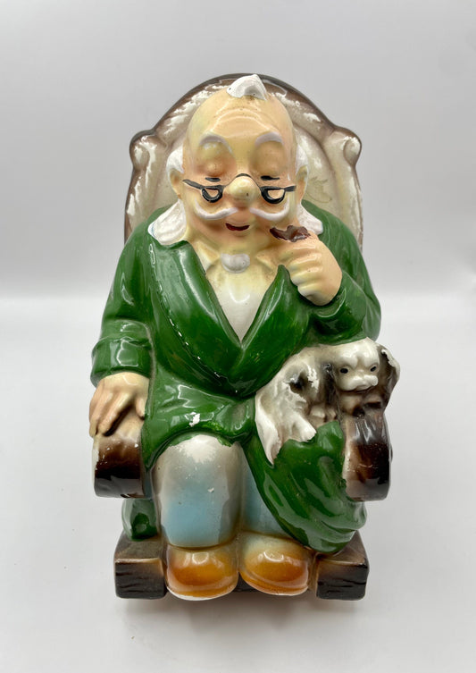 Bowerbird Cottage  Japanese Porcelain Grandpa in Rocking Chair with Dog 'Retirement Fund' Money Box