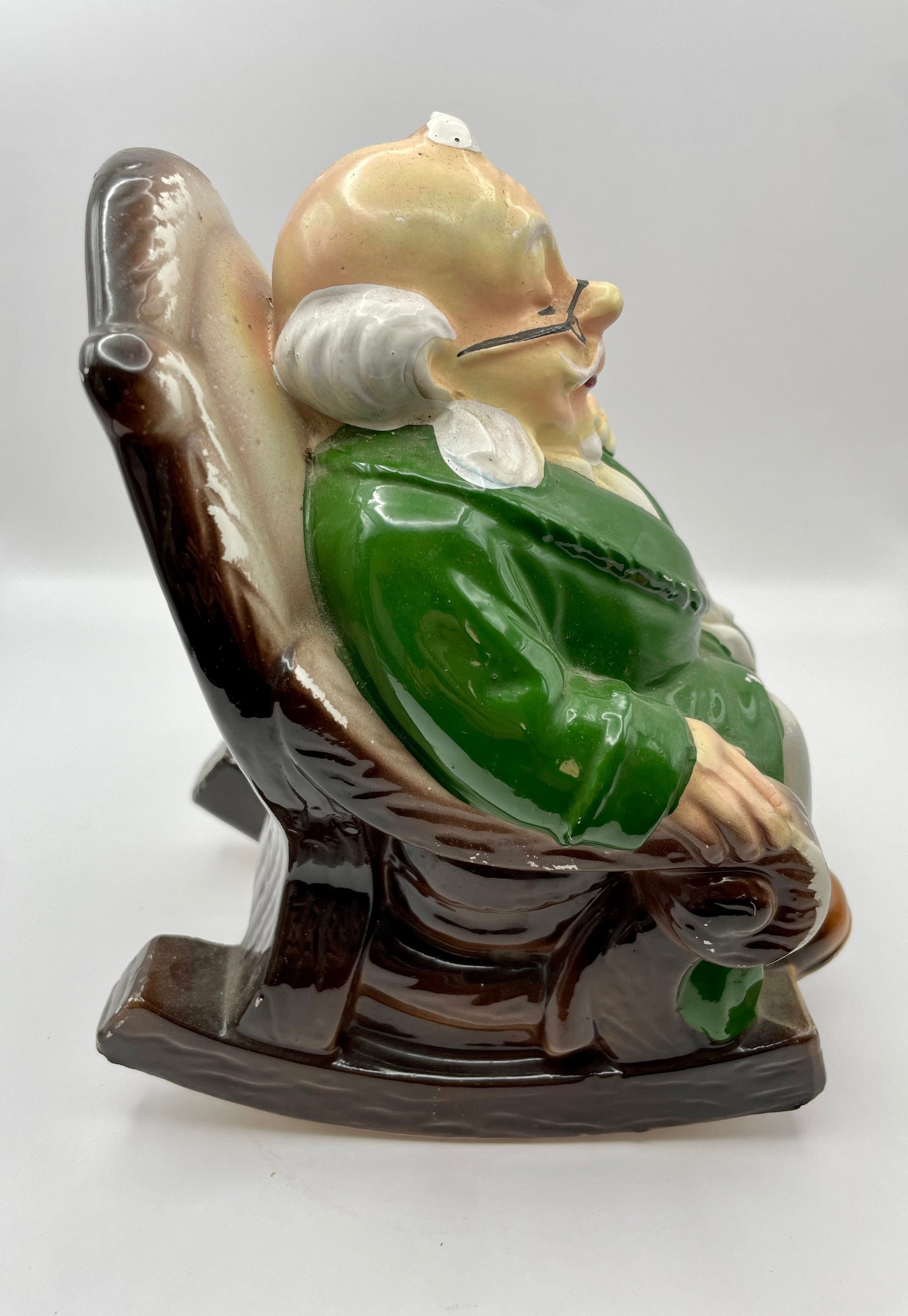Bowerbird Cottage  Japanese Porcelain Grandpa in Rocking Chair with Dog 'Retirement Fund' Money Box