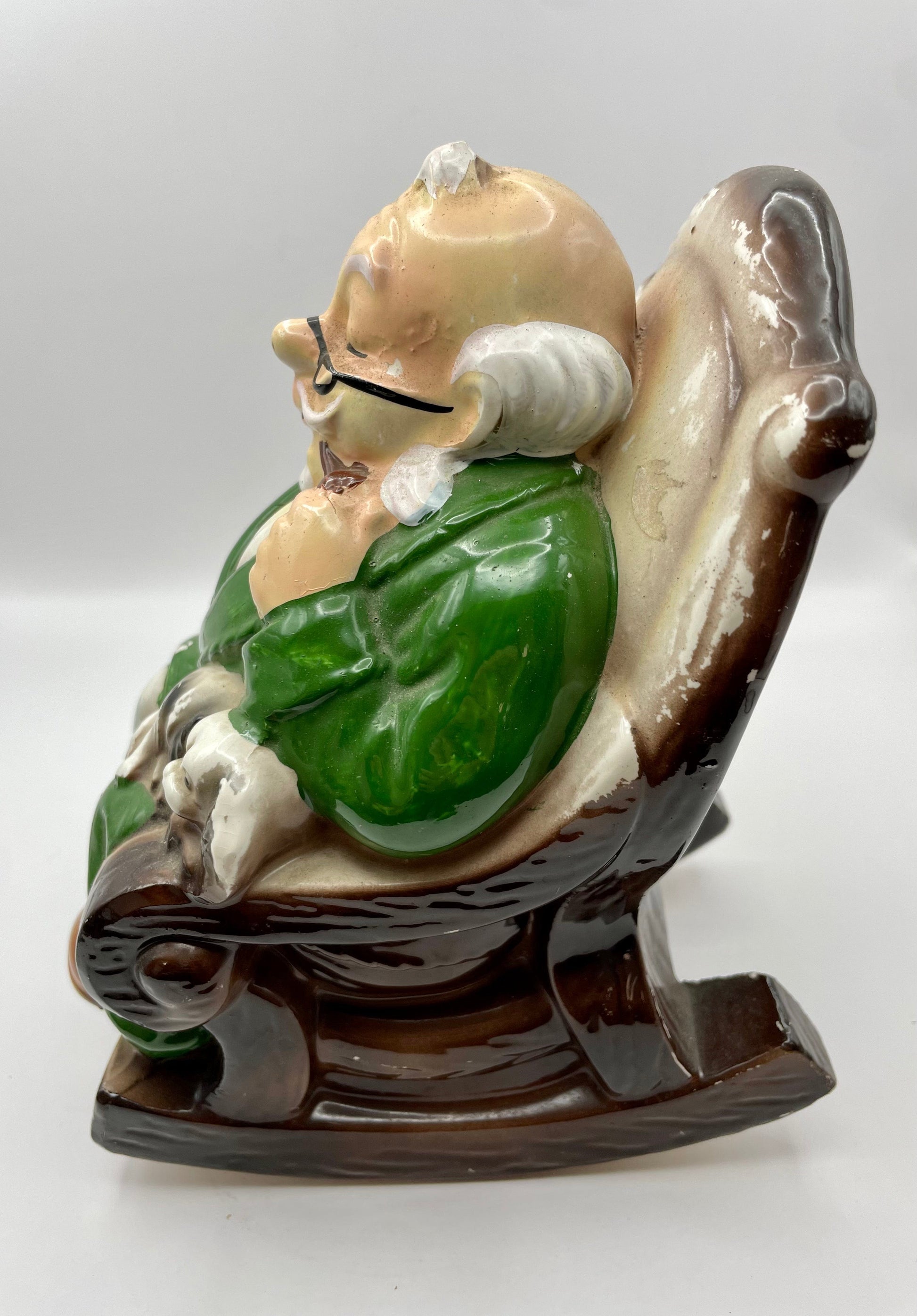 Bowerbird Cottage  Japanese Porcelain Grandpa in Rocking Chair with Dog 'Retirement Fund' Money Box