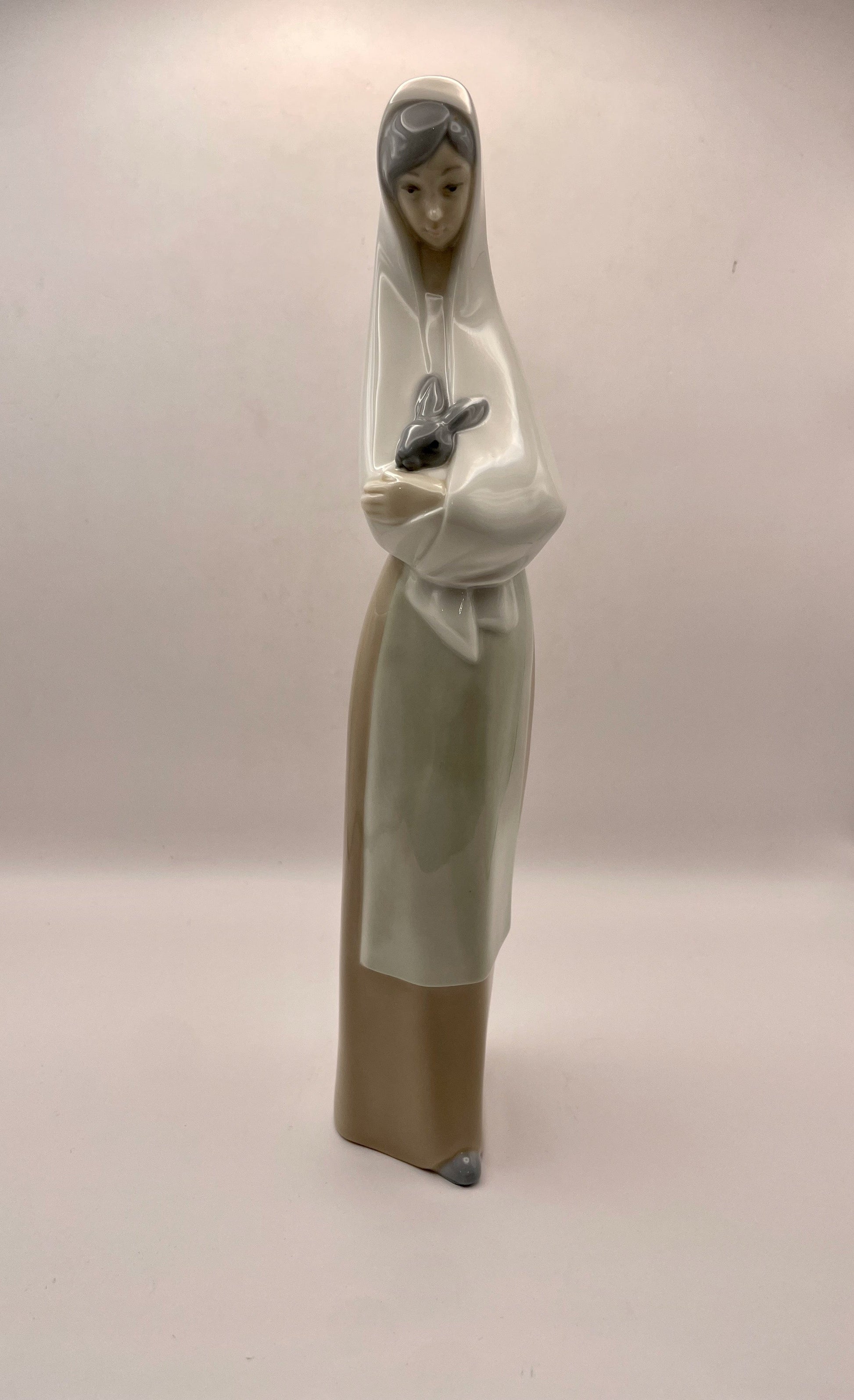 Bowerbird Cottage  NAO Porcelain Statuette of Woman in Shawl Holding Rabbit
