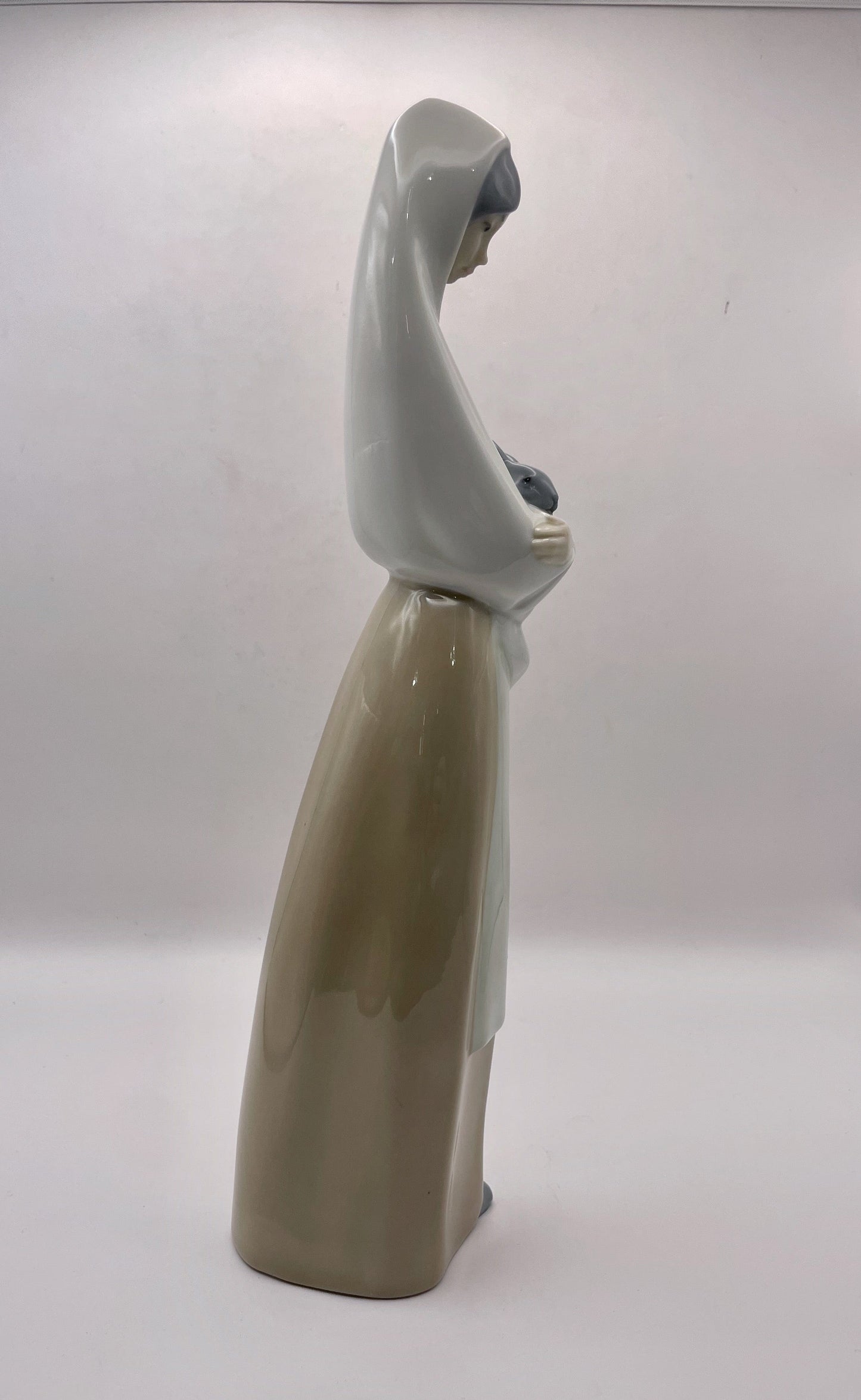 Bowerbird Cottage  NAO Porcelain Statuette of Woman in Shawl Holding Rabbit