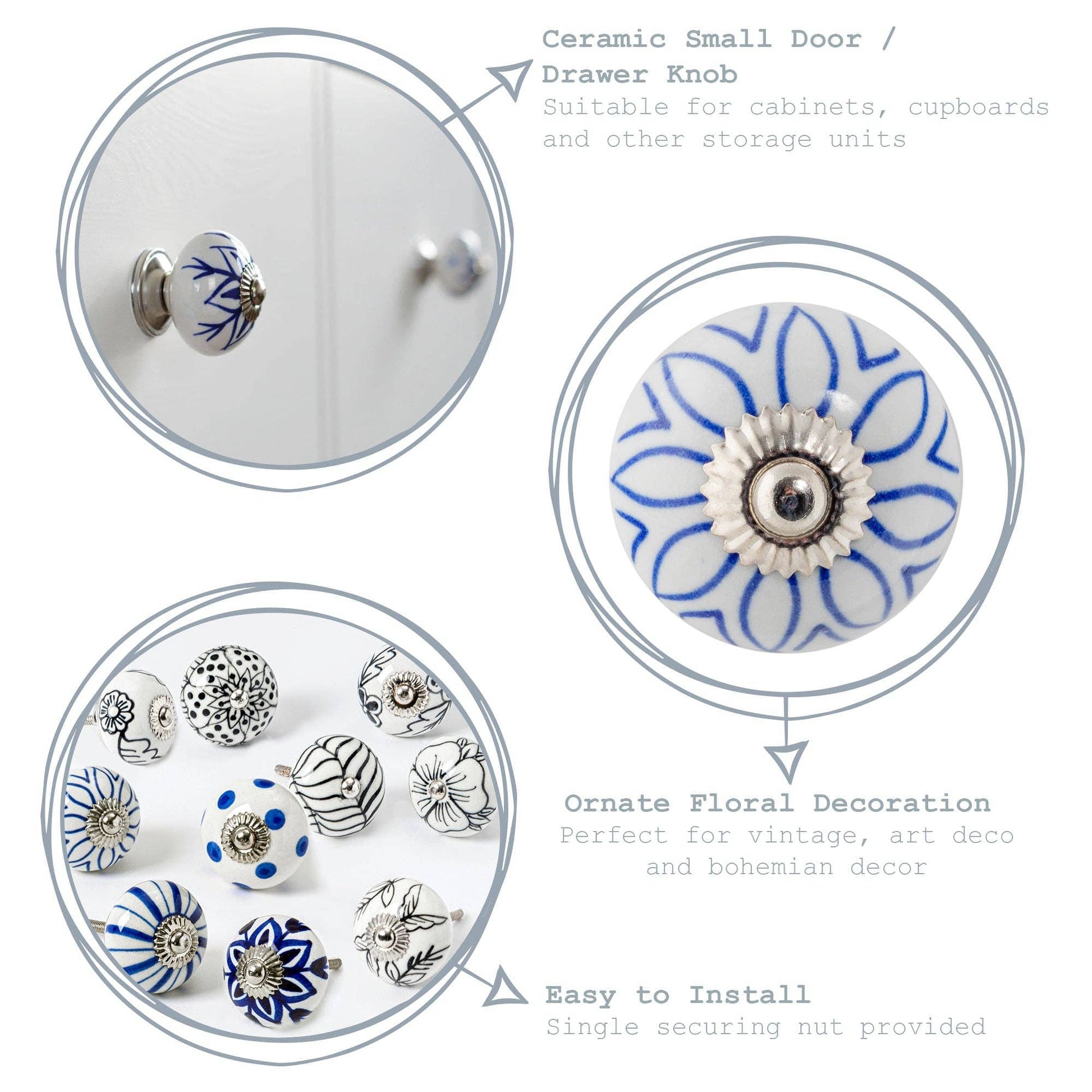 Rinkit Pty Ltd Nicola Spring Round Ceramic Drawer Knob - Black / White Flower TR-NS-DK133
