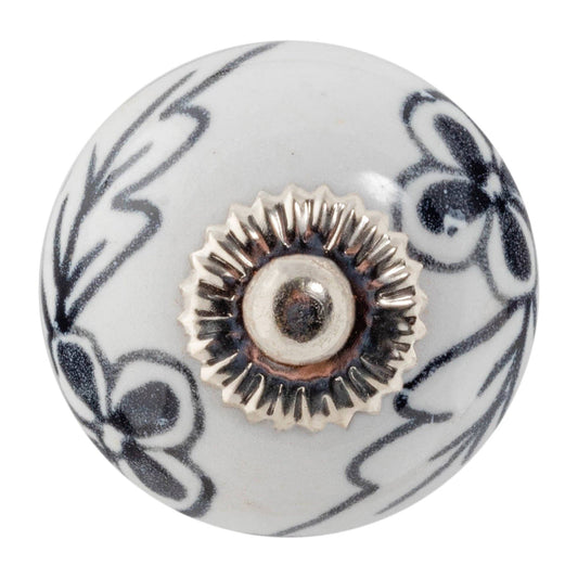 Rinkit Pty Ltd Nicola Spring Round Ceramic Drawer Knob - Black / White Flower TR-NS-DK133